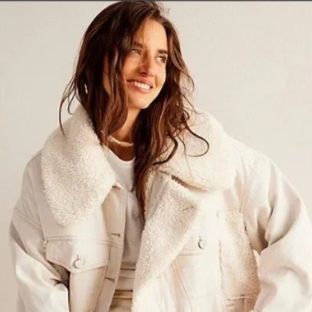Free People Holly Cozy Denim Jacket We The Free Faux Fur Collar Trim Ivory - L